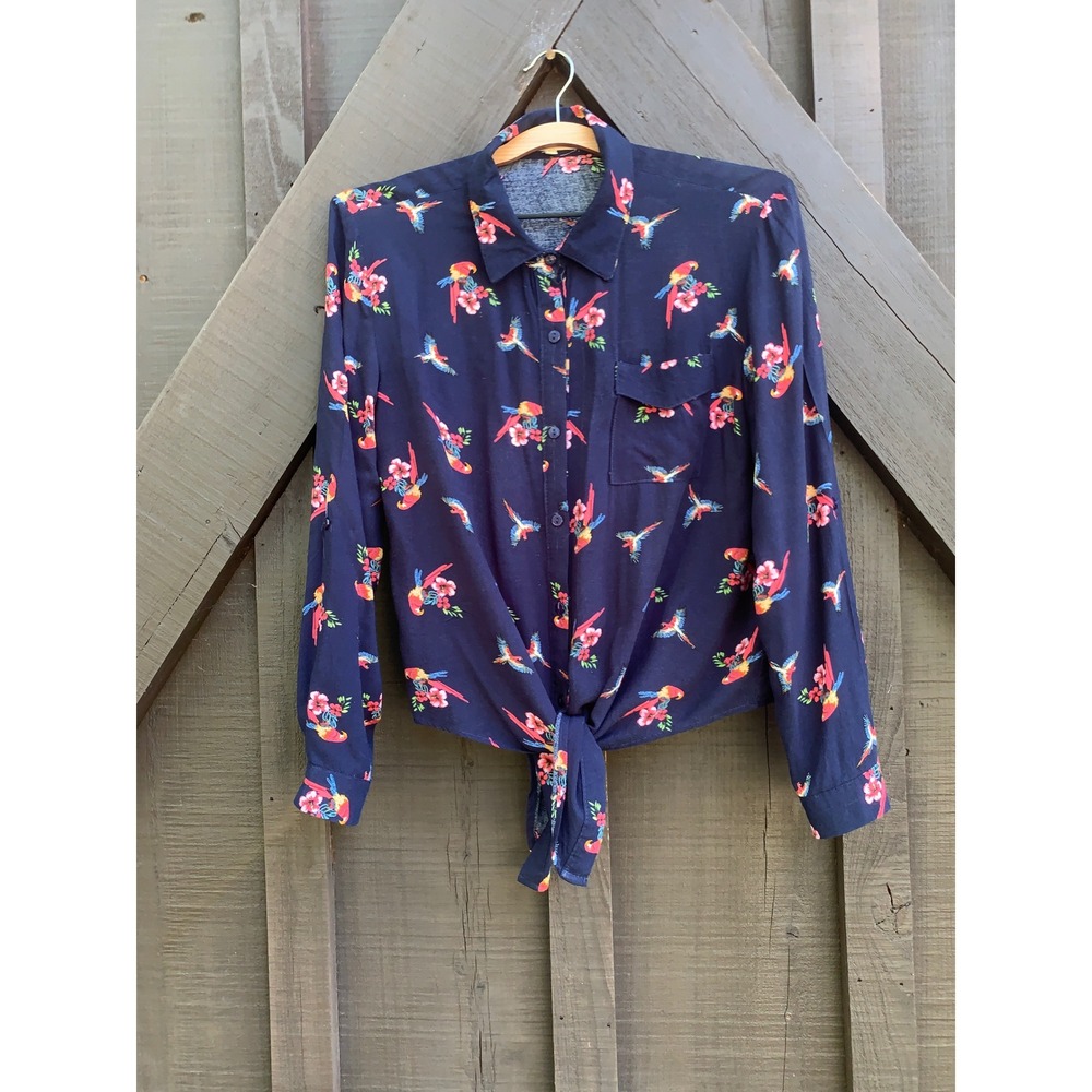 Love Notes Parrot Floral Button Down Shirt Large Navy Tropical Rayon
